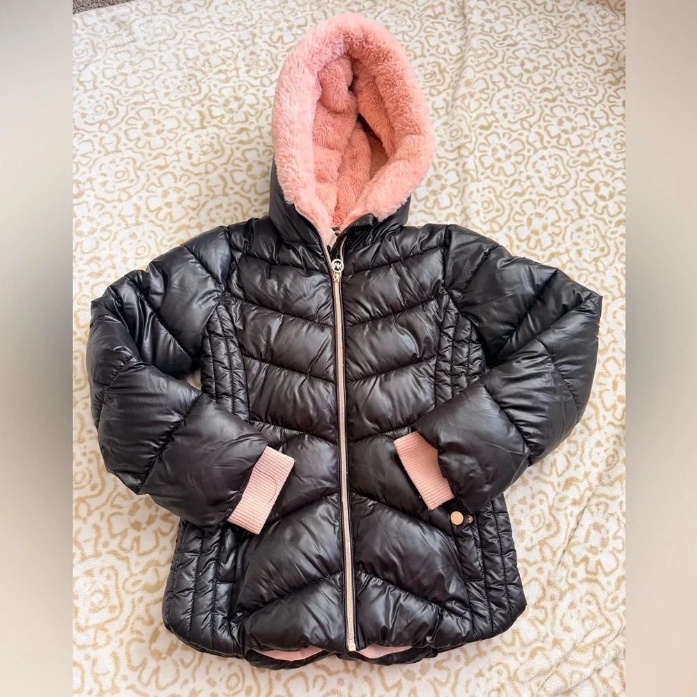 MICHAEL Michael Kors Black Puffer Jacket with Pink Hood Lining